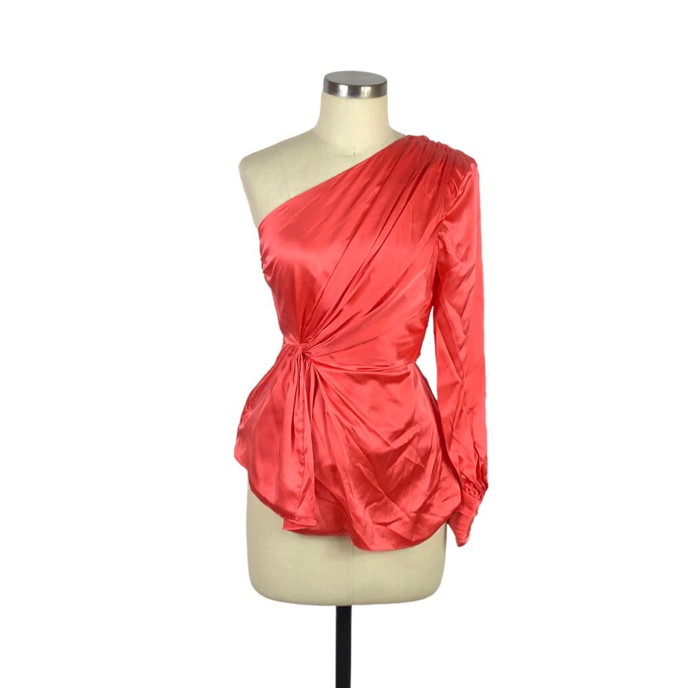 CINQ A SEPT Stace One Shoulder‎ Silk Top In Neon Coral Size XS NWT Glam Date